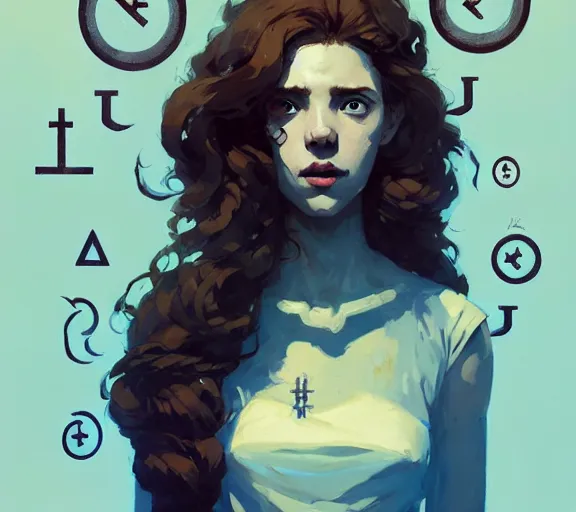 Prompt: portrait woman with long ginger curly hair, runes, by atey ghailan, by greg rutkowski, by greg tocchini, by james gilleard, by joe fenton, by kaethe butcher, by ashley wood, dynamic lighting, gradient light blue, brown, blonde cream and white color scheme, grunge aesthetic