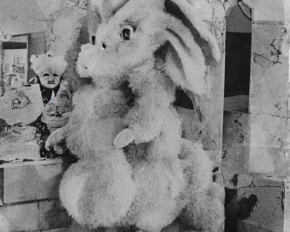 Image similar to the Easter Bunny at a very old mall, horror