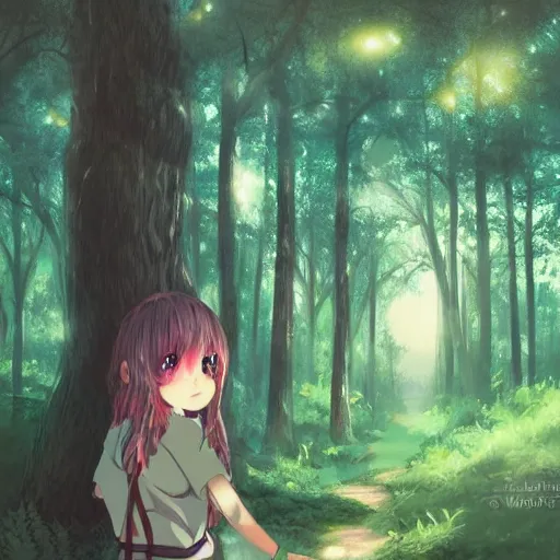 Image similar to a girl walking in a forest, a big eye in the sky is watching her, anime art, smooth, hd, smooth