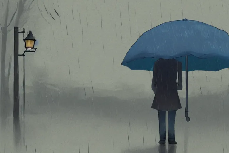 Image similar to A cell animation of a depressed man standing in the rain, Miyazaki Hayao, ghibli style, chin chan, illustration, azure tones, vintage colors, anime, trending on artstation