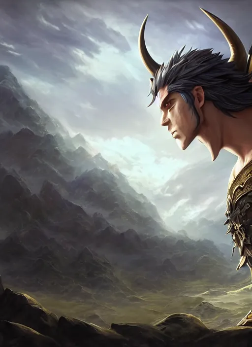 Image similar to handsome young warrior, clean - shaven, horns, pointy ears, long hair, epic landscape, realistic anime, highly detailed, unreal engine 5, 8 k, digital fantasy illustration, by rossdraws, by heise jinyao, by heise - lian yan fang, by feimo, sharp focus, octane render, trending on artstation,