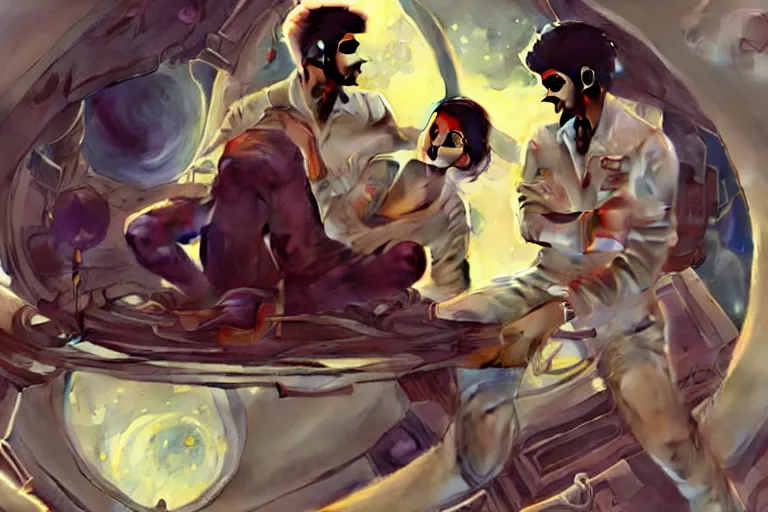 Image similar to Sensuous good looking pale young Indian doctors wearing jeans in a space station above Earth, portrait, elegant, intricate, digital painting, artstation, concept art, smooth, sharp focus, illustration, art by artgerm and greg rutkowski and alphonse mucha