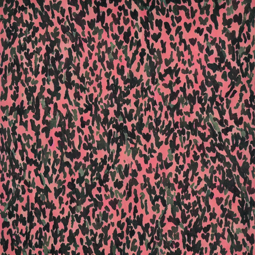 Image similar to camo made of hearts and smiling, abstract, francis bacon artwork, cryptic, dots, spots, stipple, lines, splotch, color tearing, pitch bending, faceless people, dark, ominous, eerie, hearts, minimal, points, technical, old painting, neon colors, folds