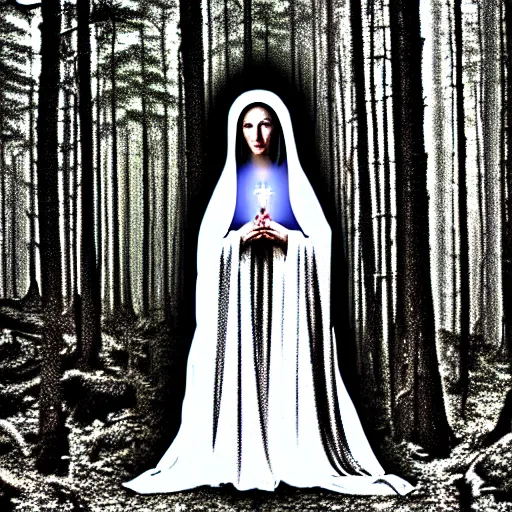 Image similar to marian apparition in forest, high contrast, found footage, vhs, 1 9 9 0, beautiful, highly realistic, highly detailed, vhs noise static, black and white, vhs glitch