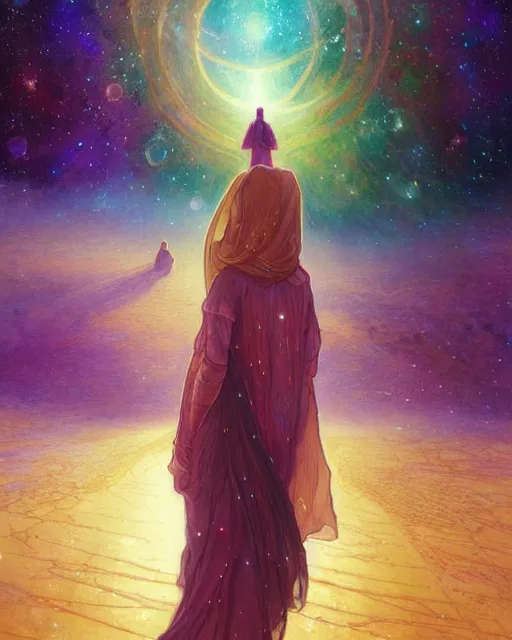 Image similar to bedouin in galaxy walking towards mosque surrounded by nebula, highly detailed, gold filigree, romantic storybook fantasy, soft cinematic lighting, award, disney concept art watercolor illustration by mandy jurgens and alphonse mucha and alena aenami, pastel color palette, featured on artstation