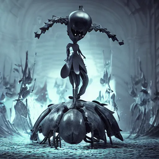 Image similar to Hollow knight standing on corpses , octane render , hyperdetailed