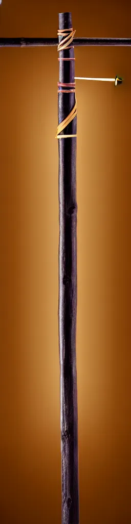 Image similar to picture of a single wooden long straight thin ninja fighting staff with small ornaments, weapon, highlight, vertical, centred, symmetric, sci - fi, fantasy, dnd, close shot, bright uniform background, award winning