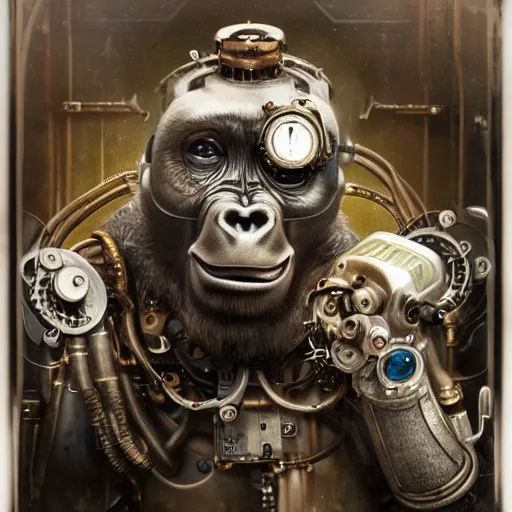 Prompt: a beautiful intricate fine art portrait photo of a a mechanical industrial steampunk cybernetic gorilla, by tom bagshaw and zach sutton, perfection!, milk bath photography, studio lighting, 35mm lens, very detailed, bionic, cybernetic scifi, deep depth of field, artstation, 8K, highly coherent