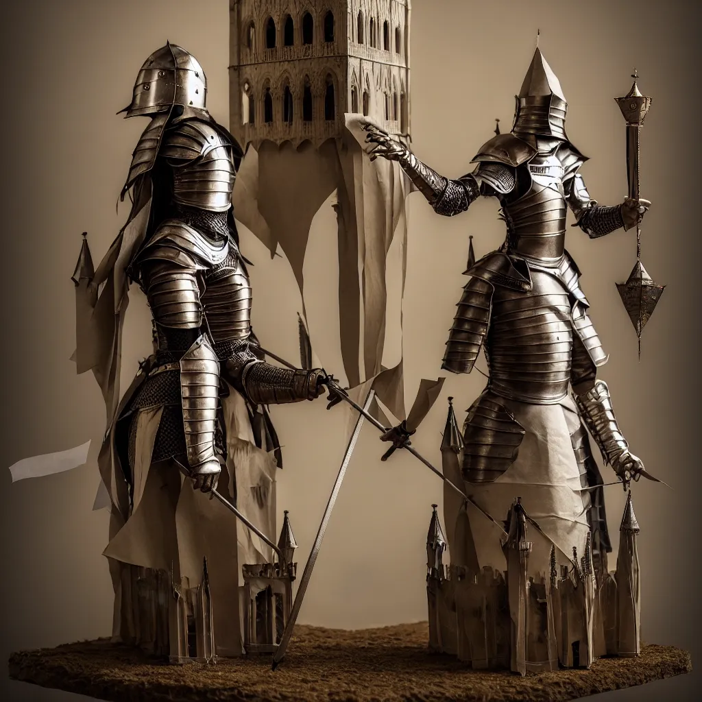 Prompt: A lovely female knight made of paper came to rescu her beloved one, she stand at the front of a gothic tower made of cardboard, single face, full-body, tonal color, cute, cinematic, hyper realist, matte painting, Da Vinci, wide angle shot , high resolution, 8k, rule of thirds, insanely detailed and intricate, beautiful, cinematic