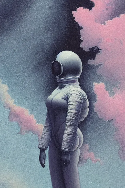 Image similar to close up shot of a full body floating woman in space suit smoke elemental fading into white smoke, high contrast, james gurney, peter mohrbacher, mike mignola, black paper, mandelbulb fractal, trending on artstation, exquisite detail perfect, large brush strokes, bold blacks and pinks and blues tones, intricate ink illustration, black background