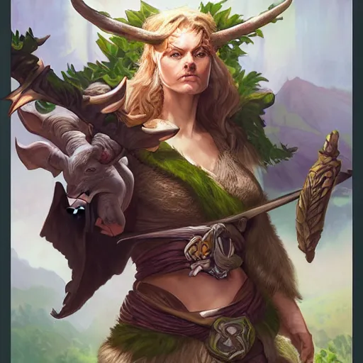 Image similar to dnd character concept portrait, angry elf druid with tamed ox pet, detailed, high quality, dynamic lighting, fantasy, artwork by artgerm, wlop, alex ross, greg rutknowski, alphonse mucha