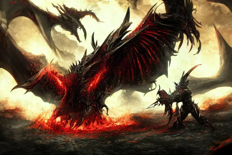 Prompt: ultra-detailed epic artwork of blood lord fighting black angel in the battle of humans with blood dragons in the bone valley digital art hd 8k ultra-detailed