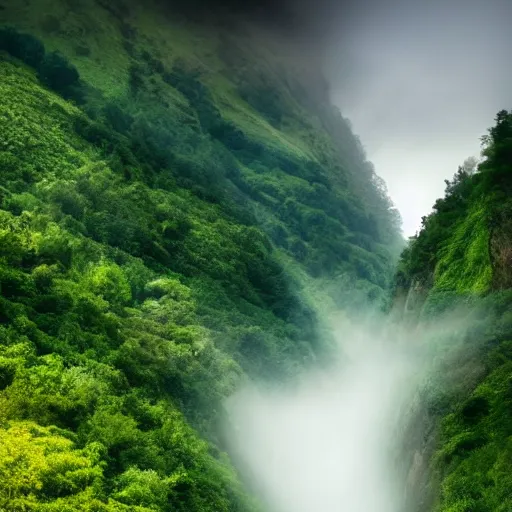 Prompt: stream running through a valley, very high steep mountains, fog, mist, god rays, fantasy, epic
