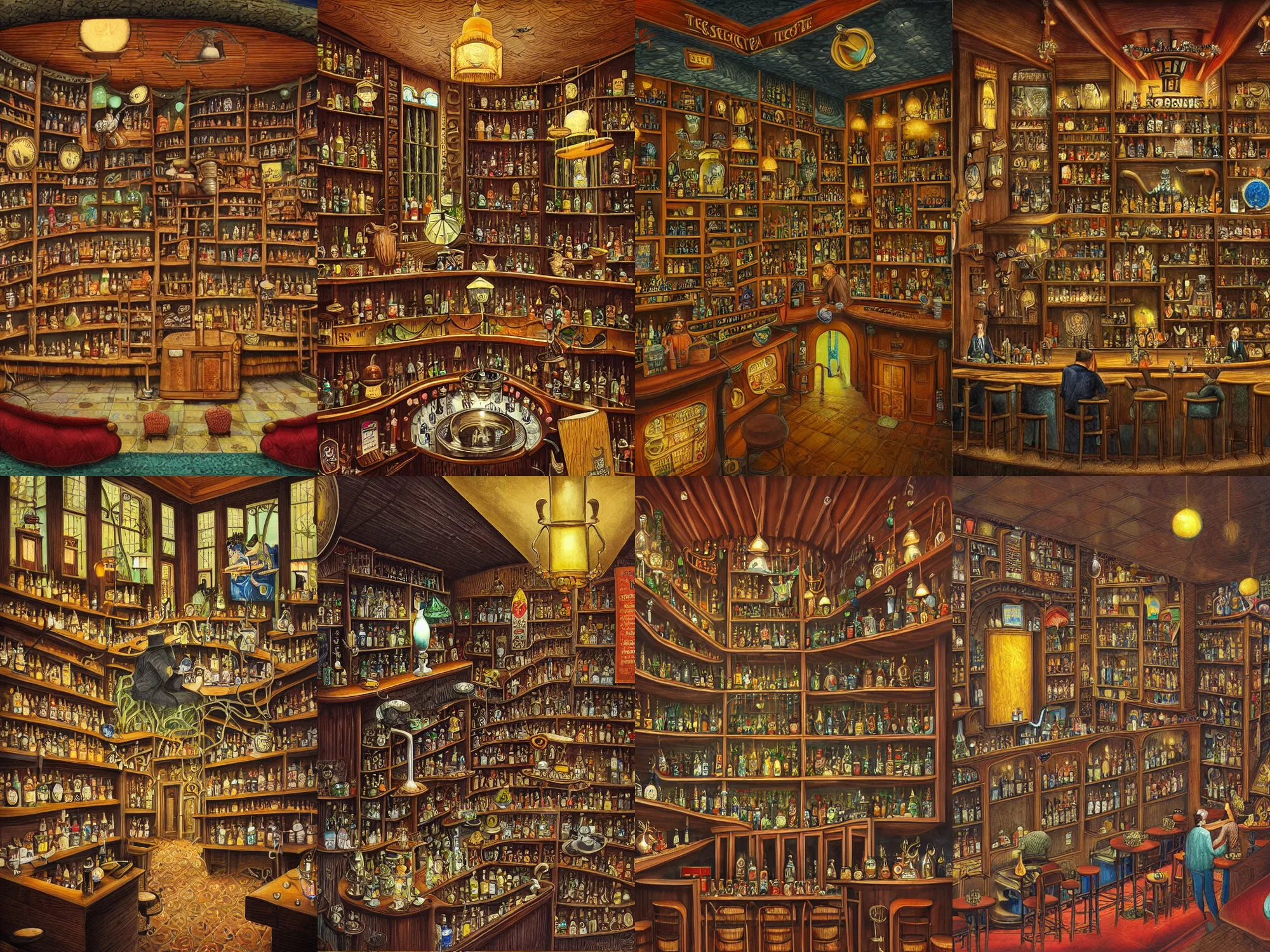 Prompt: secret tea society, interior of bar, art by yerka jacek