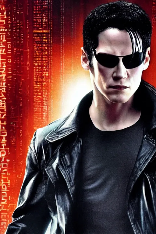 Prompt: a digital photograph of neo in the movie the matrix wearing sun glasses and black leather trench coat, behind him is the machine city, extremely detailed, dark lighting, sharp focus, unreal engine, 8 k