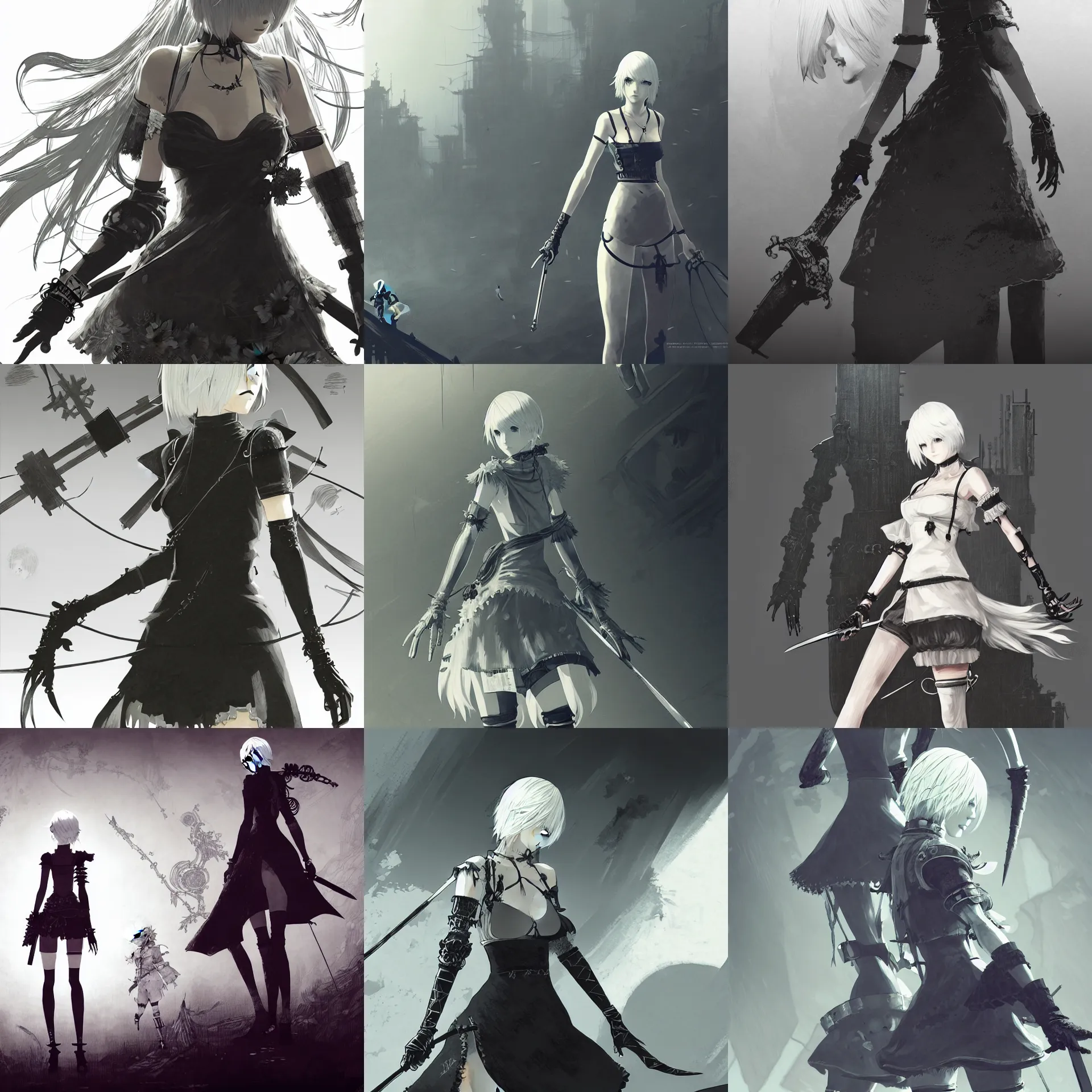 Prompt: Nier illustrated by Akihiko Yoshida, concept art, sharp, highly detailed, HD, 4k, 8k