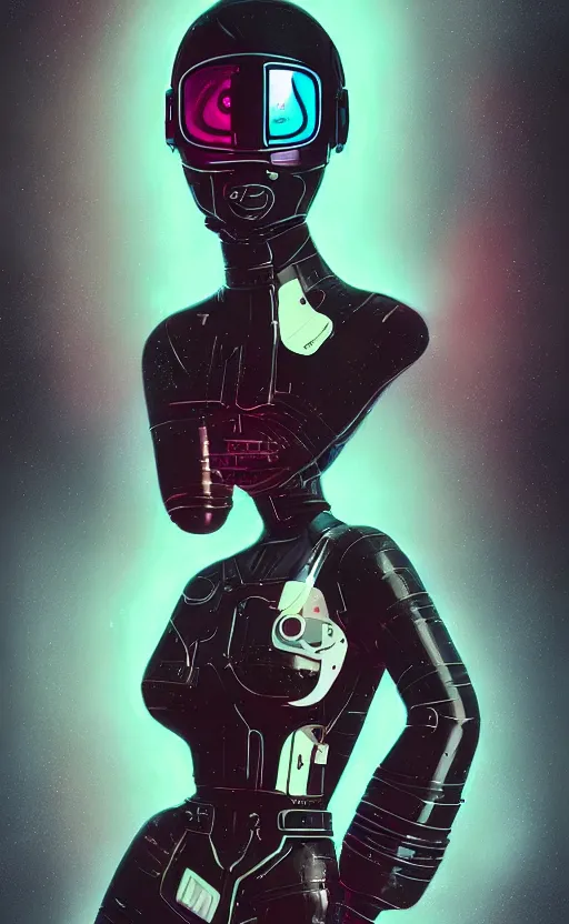 Image similar to portrait of a cyberpunk girl with futuristic helmet and with very tight black latex dress by Petros Afshar and Beeple, James Gilleard, Mark Ryden, Wolfgang Lettl highly detailed