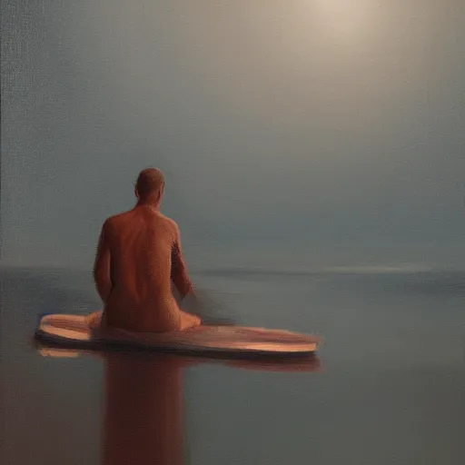 Image similar to man floating in the dark, oil painting, pale colors, high detail, 8 k, wide angle, trending on artstation,