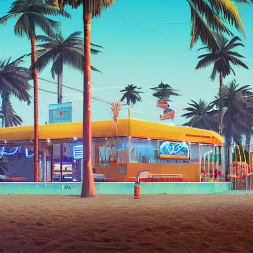 Image similar to inside beachfront fast food restaurant with palm trees by simon stalenhag