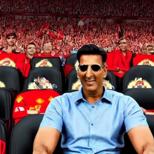 Image similar to akshay kumar sitting in a manchester united game crowd hd photorealistic