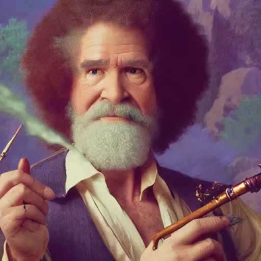 Image similar to an ultra detailed tarot card of bob ross smoking a pipe and dressed as a fantasy bard, d & d, epic fantasy, concept art by alphonse mucha and greg rutkowski, octane render, 8 k, detailed face