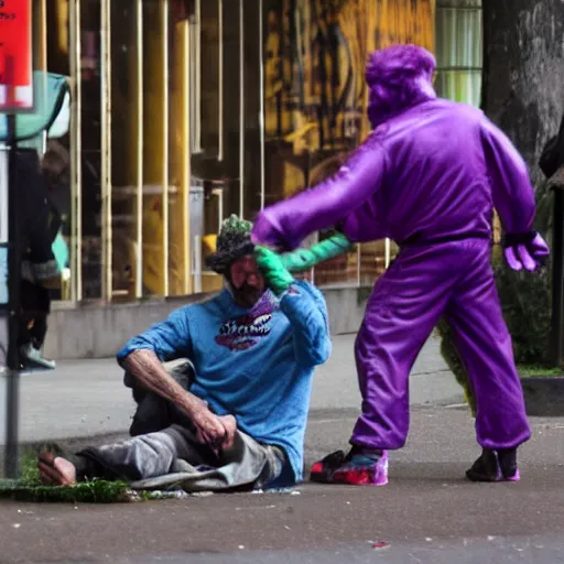 Prompt: homeless man fighting barney