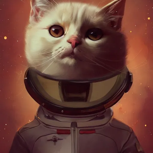 Image similar to head and shoulders masterpiece portrait of a cute adorable cat wearing a spacesuit, surreal background, digital art by krenz cushart, trending on artstation, cgsociety,