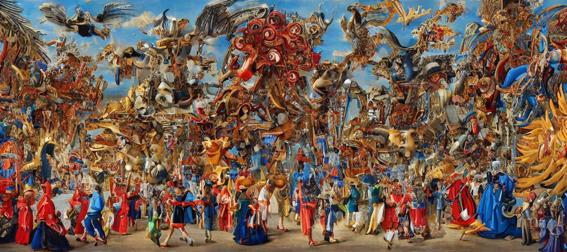 Prompt: mechanical angels descend from heaven in the middle of a small town during a carnival, surreal, quirky, highly detailed, colorful, dramatic, by h. r. van dongen, by wojtek siudmak, by jan van eyck, by frank r. paul - h 5 1 2