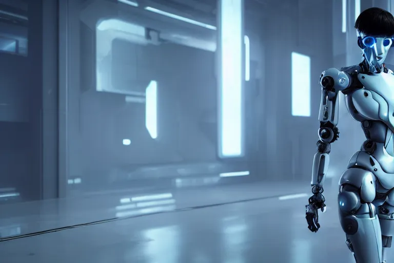 Image similar to cyberpunk ghost in the shell concept inspired female robot, futuristic look, highly detailed body, very powerful, photorealistic camera shot, bright studio setting, studio lighting, crisp quality and light reflections, unreal engine 5 quality render