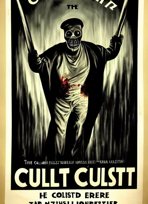 Image similar to old vintage poster for a horror movie called the cultist, detailed, horror