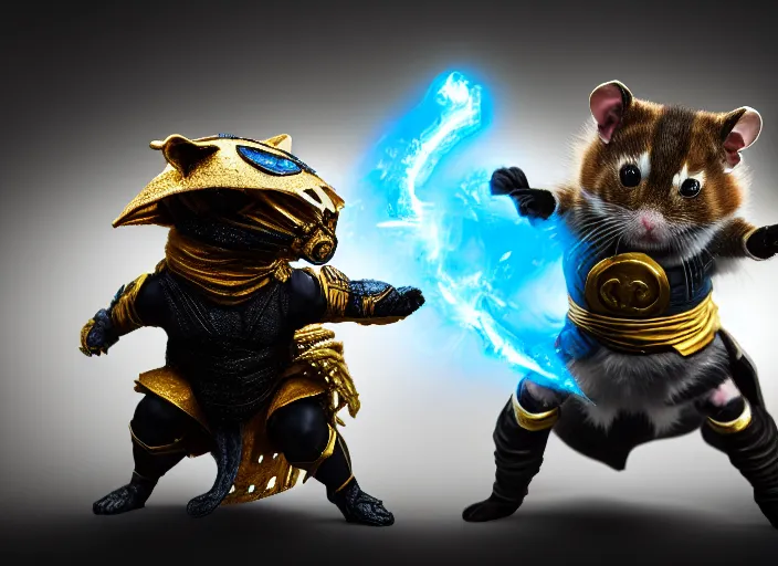 Image similar to hamster dressed as sub zero fights a cat dressed as scorpion in mortal kombat on the background of a laughing shao khan. fantasy magic style. highly detailed 8 k. intricate. lifelike. soft light. sony a 7 r iv 5 5 mm. unreal engine with nanite and path tracing