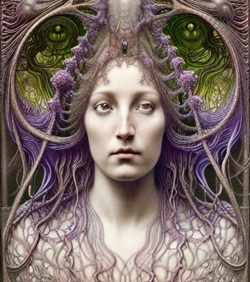 Image similar to detailed realistic beautiful alexandrite goddess face portrait by jean delville, gustave dore, iris van herpen and marco mazzoni, art forms of nature by ernst haeckel, art nouveau, symbolist, visionary, gothic, neo - gothic, pre - raphaelite, fractal lace, intricate alien botanicals, biodiversity, surreality, hyperdetailed ultrasharp octane render