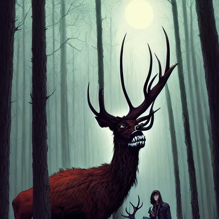 Image similar to rafeal albuquerque comic art, joshua middleton, artgerm : : wendigo monster with deer skull face, antlers, furry body, tall and lanky : : walking through the forest : : night time : : spooky, scary, fog