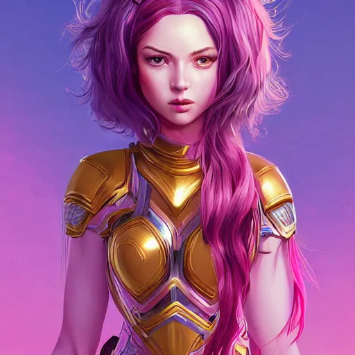 Image similar to a beutifull knight woman , symetrical face , golden armor , blue eyes pupills, pink long haire , highly detailed, digital painting, in the style of ilya kuvshinov and artgerm, high definition digital art