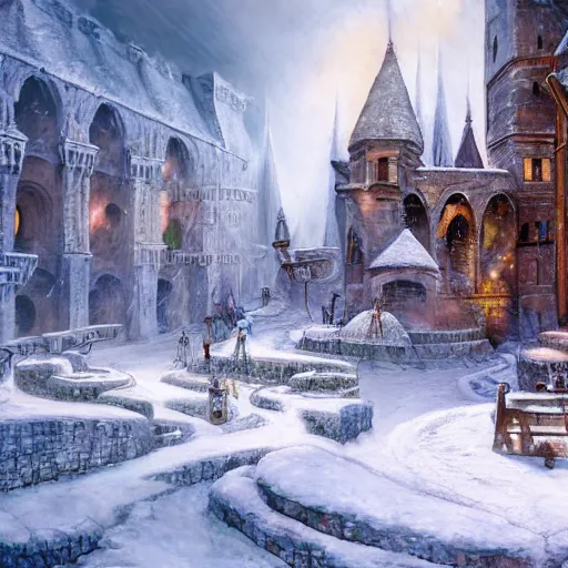 Image similar to fantasy concept art, high detail, 8k, snow covered walled medieval city, labyrinth in the background