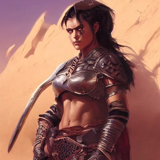 Prompt: Portrait of a strong fierce female berber tiefling barbarian with black hair in a ponytail wearing a steel breastplate in a desert, art by greg rutkowski