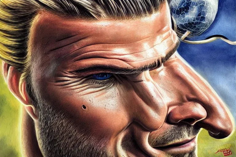 Image similar to beautiful lifelike painting of david beckham human horse centaur soccer star, majestic cinematic, hyperreal detailed facial features and uv lighting, art by ed roth and basil wolverton