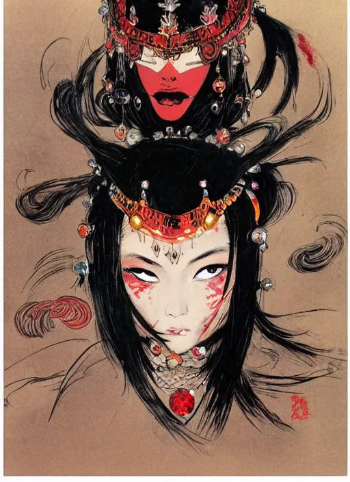 Image similar to svelt female korean vampiress, jeweled headdress, heavy mascara, strong line, saturated color, beautiful! coherent! by frank frazetta, high contrast, minimalism