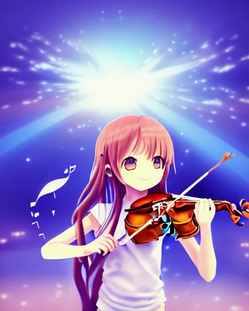 Image similar to anime style, chibi, full body, a cute girl with white skin and golden long wavy hair holding a violin and playing a song, heavenly, stunning, realistic light and shadow effects, modern art, realism, centered, landscape shot, happy, simple background, studio ghibly makoto shinkai yuji yamaguchi