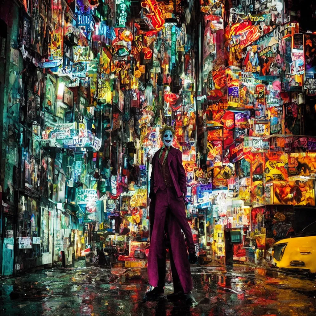 Image similar to night flash portrait photography of the joker on the lower east side by annie leibovitz, colorful!!, nighttime!, raining!