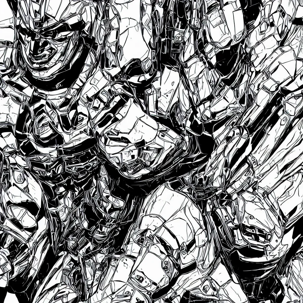 Image similar to a portrait of an ultra detailed hard edged robot front view in comic book black and white