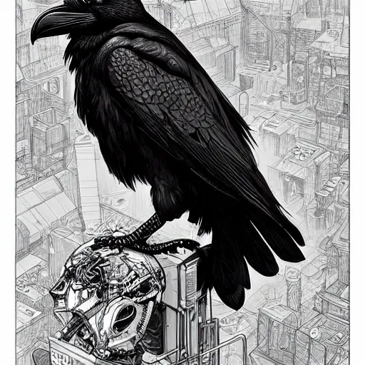 Image similar to “a Humanoid raven bounty hunter. Hyper detailed. Hyperrealism digital art in the style of Hard Boiled. Art by Geoff Darrow”