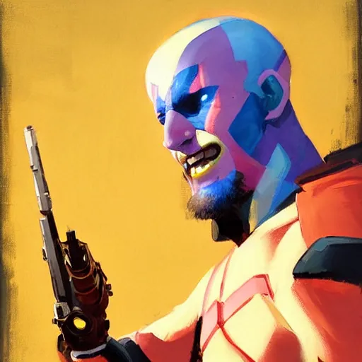 Image similar to greg manchess portrait painting of yondu as overwatch character, medium shot, asymmetrical, profile picture, organic painting, sunny day, matte painting, bold shapes, hard edges, street art, trending on artstation, by huang guangjian and gil elvgren and sachin teng