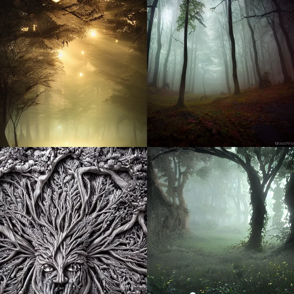 Prompt: Dreams of the Forest God, intricate, highly detailed, beautiful lighting, light fog, 8k