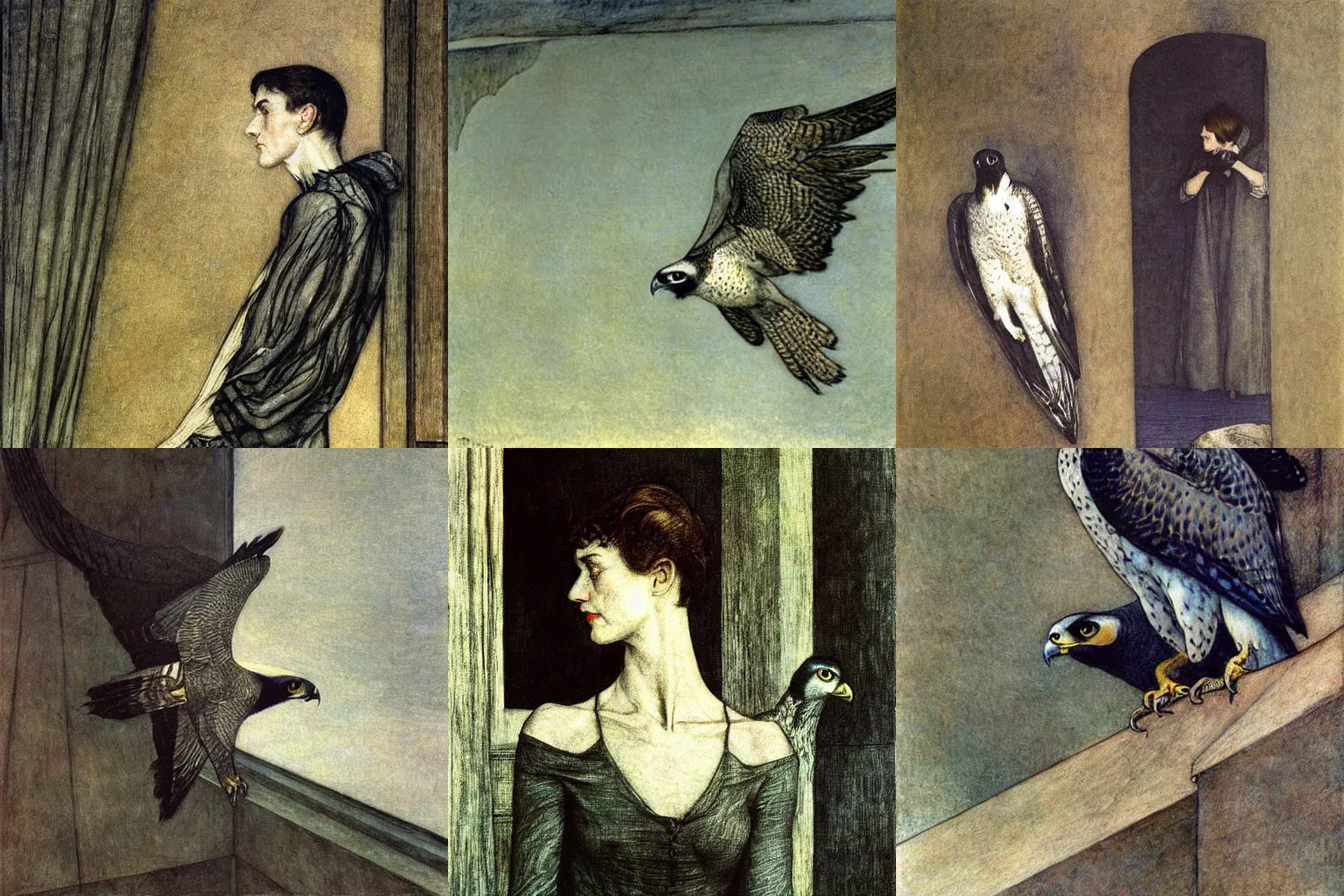 Prompt: a peregrine falcon cannot hear reason, painting by arthur rackham edward hopper and fernand khnopff