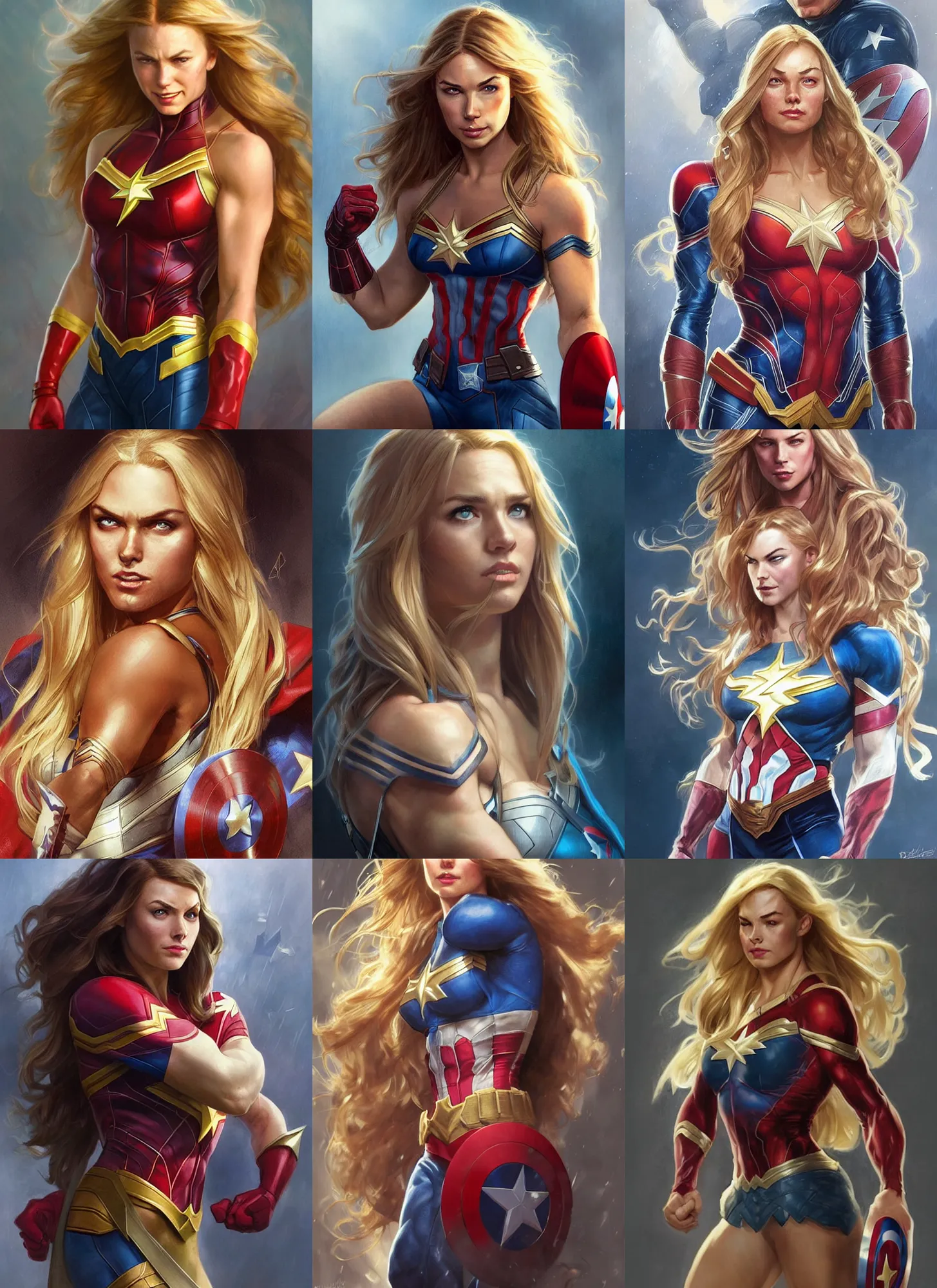 Prompt: a muscled young april with a mischievous face and extrmely long blonde wavy hair dressed as captain america, batman, the flash, captain marvel, wonder woman, a superhero. beautiful detailed face, artgerm, greg rutkowski, alphonse mucha