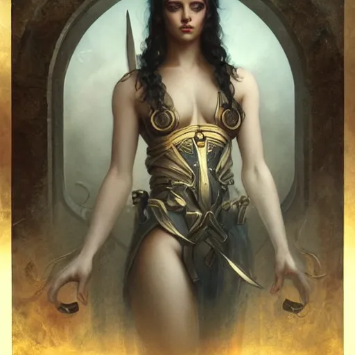 Image similar to By Tom Bagshaw, a very beautiful goddess of war female body portrait in bodysuit, symmetric body features proportions, intricate details, focus, realistic eyes looking at camera, golden ratio, ruins by night, award winning, unreal render