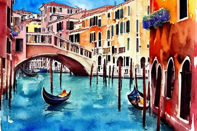 Image similar to !! watercolor!! venice in a sunny day, artwork by tooth wu, colorful contrast,!! very coherent!!, dark shadow, thick lineart