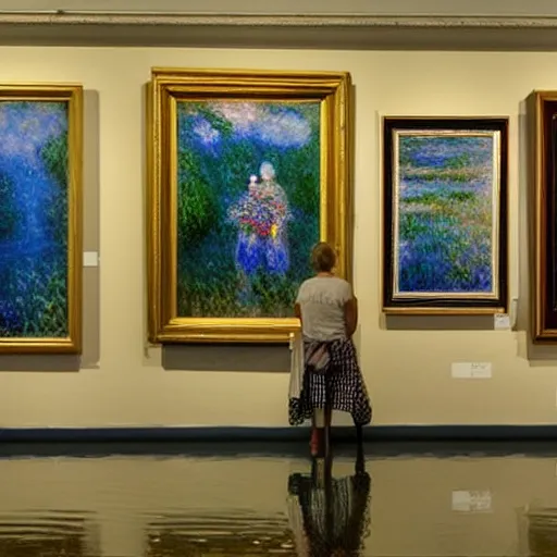 Image similar to an art gallery displaying monet paintings. the art gallery is flooded. robots are going around the art gallery using paddle boards.