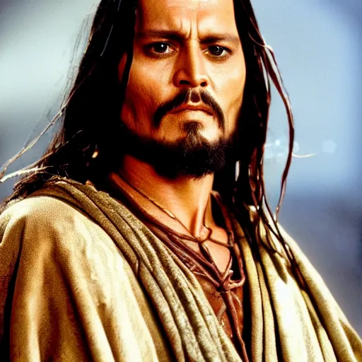 Prompt: stunning awe inspiring johnny depp as jesus christ in the movie the passion of the christ, movie still 8 k hdr atmospheric lighting